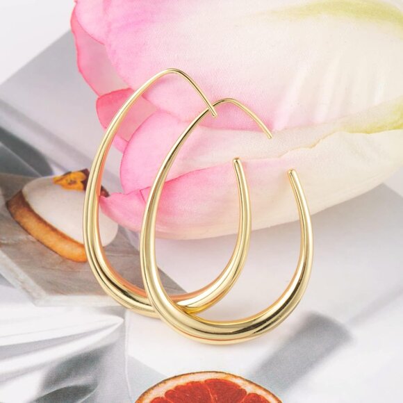 14K Gold Plated Lightweight Statement Large Oval Hoop Trendy Earrings for Women - Picture 2 of 6